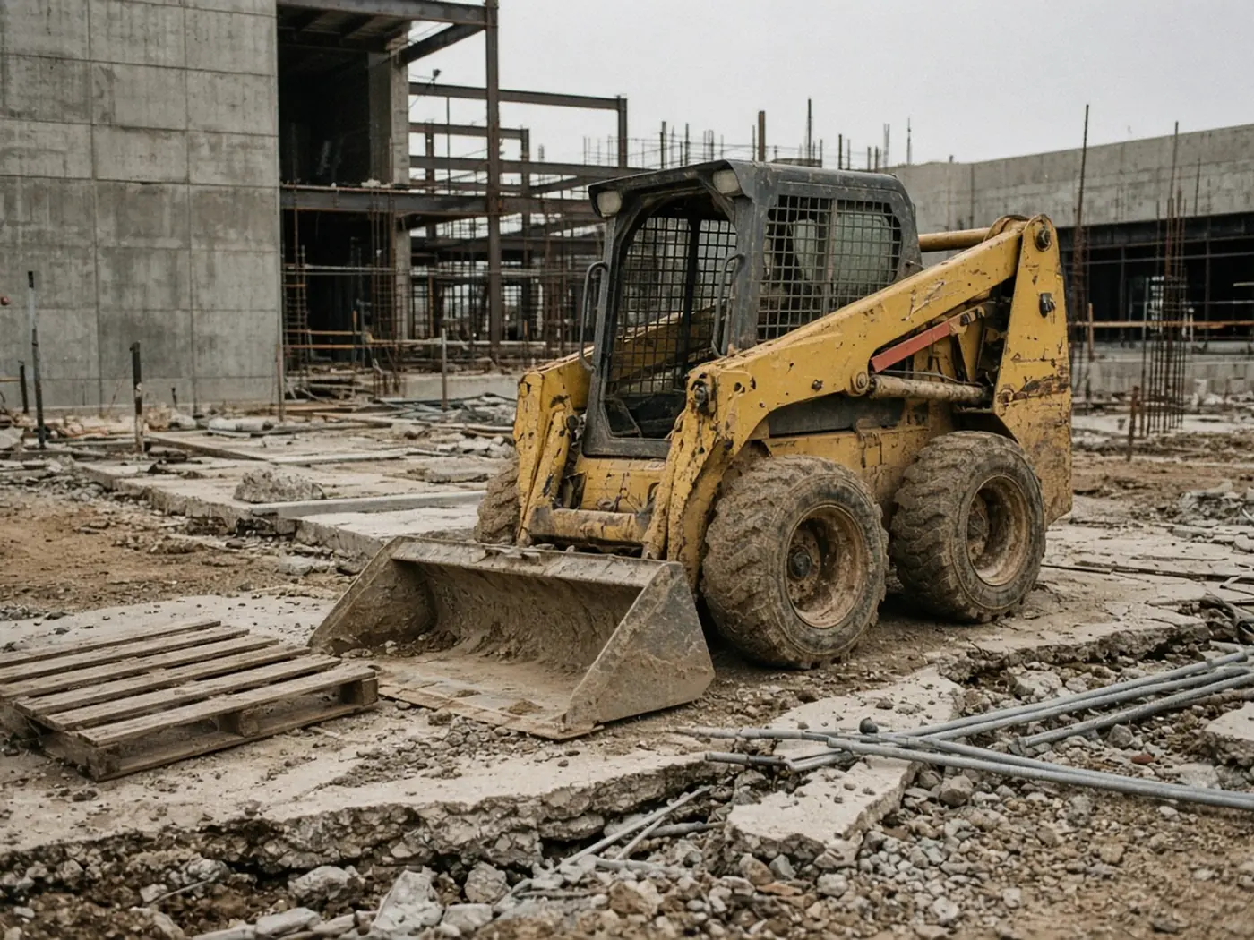 A yellow skid steer parked on broken concrete at a half-built commercial site.