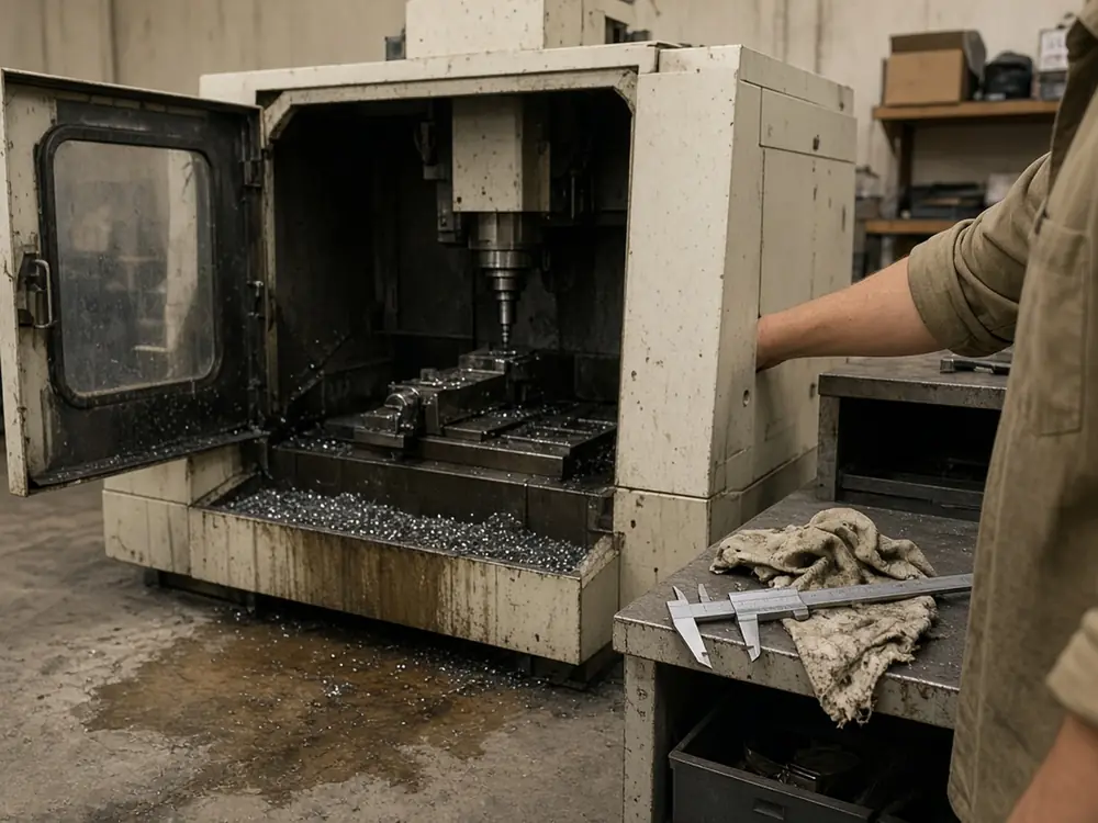 An older CNC mill with its door open in a small machine shop.