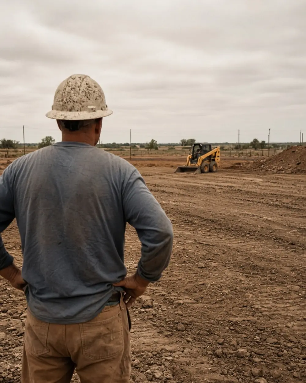 A contractor in a hard hat, seen from behind, looking out over a graded job site.