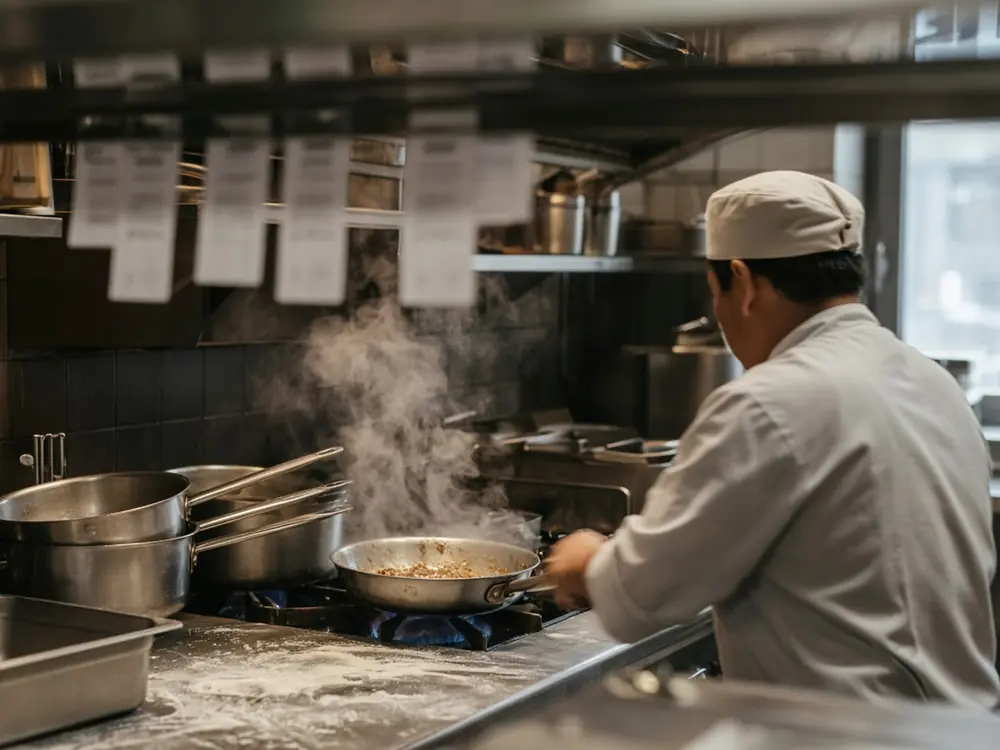 A cook working a stainless kitchen line during service, steam rising from a pan.
