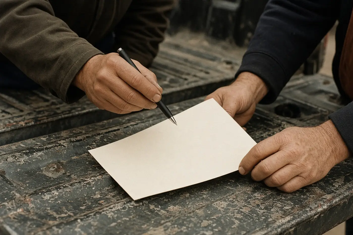 Two pairs of hands over a truck tailgate, one holding a pen above a form.