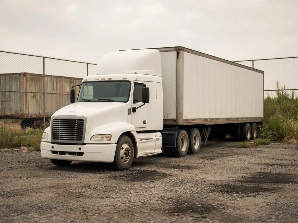 A white day-cab semi and dry van parked in a gravel yard.